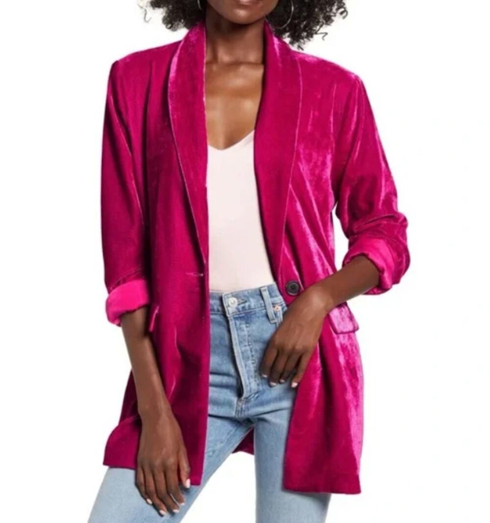 Endless Rose Matte Velvet Blazer Fuchsia Hot Pink Single Button Small NWT